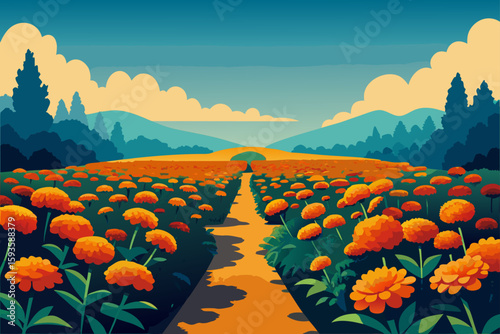 Vibrant orange flower field path leading to distant hills