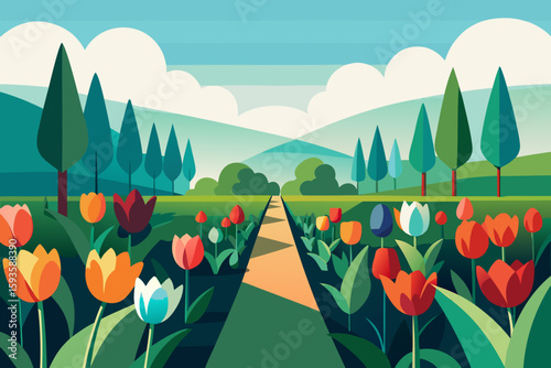 Vibrant tulip garden path with rolling hills and trees