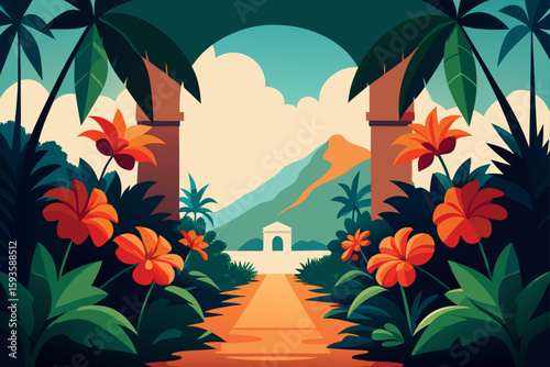 Tropical paradise pathway leading to a distant mountain and archway