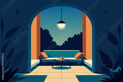 Tranquil evening patio scene with modern furniture and lush foliage