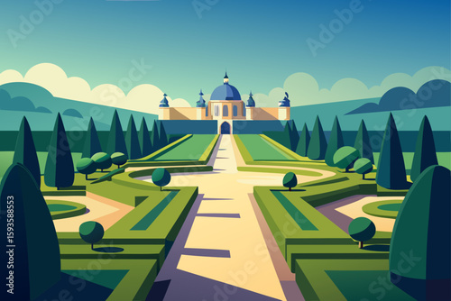 Stylized formal garden leading to a grand palace