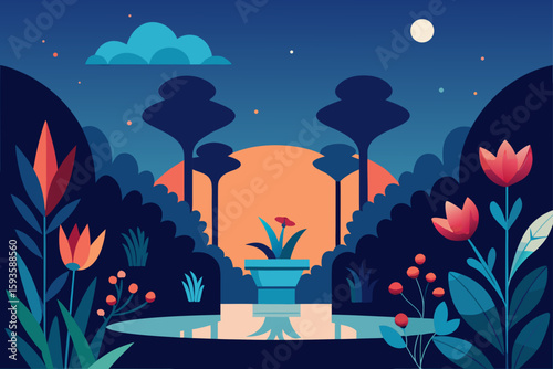 Enchanting garden scene under a twilight sky