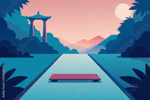 Serene japanese garden path with pagoda and distant mountains