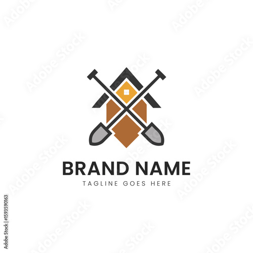 Stylized logo featuring a house with crossed shovels, symbolizing construction and home improvement.