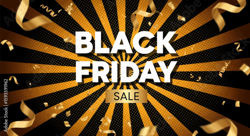 Golden ribbons with Black Friday Sale event design to promote online shopping deals and special discounts for customers, boosting brand marketing efforts.