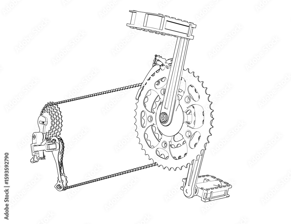 Obraz premium Precision Bicycle Drivetrain Wireframe Technical Drawing: Monochrome Line Art Illustration of Gears, Chain, and Pedals, an Essential Engineering Blueprint for Bike Mechanics, CAD, and Industrial