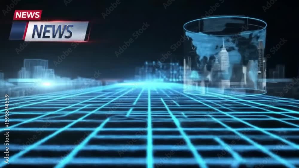 Dynamic blue technology grid lines moving forward, combined with scrolling news ticker columns. Sleek, futuristic corporate opening background with smooth digital motion and modern vibes.