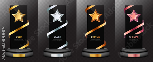 3D Gold, Silver, Bronze, and Special Award Trophies with Stars and Ribbons – Realistic Standing Trophy Set on Black Pedestals for Winners and Achievements