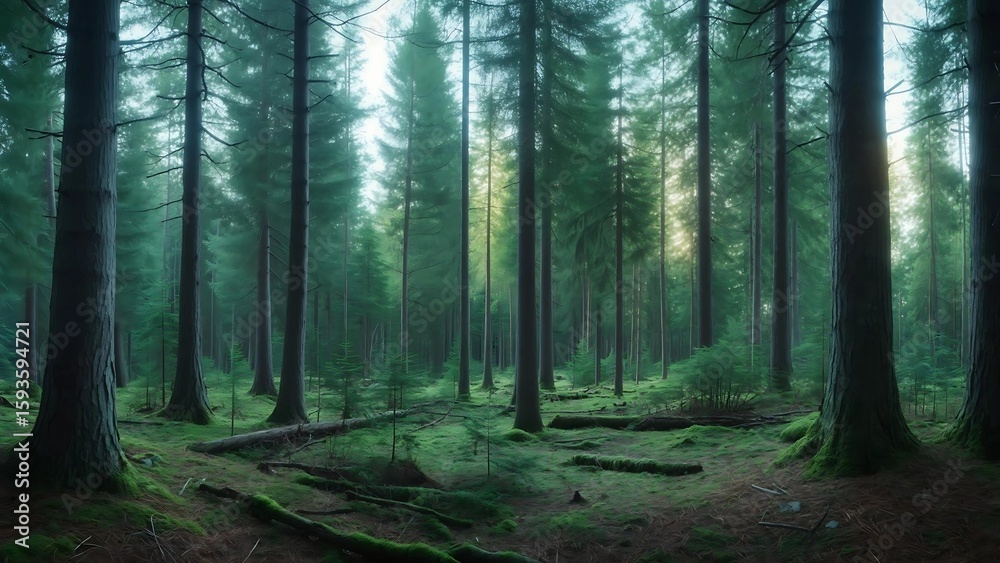 Obraz premium Lush, tranquil coniferous forest with sun rays filtering through tall trees and mossy forest floor