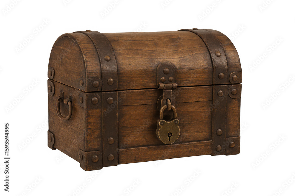 Closed wooden treasure chest with metal lock on transparent background, suggesting hidden valuables and security Closed wooden treasure chest with metal lock on transparent background, suggesting hidden valuables and security
