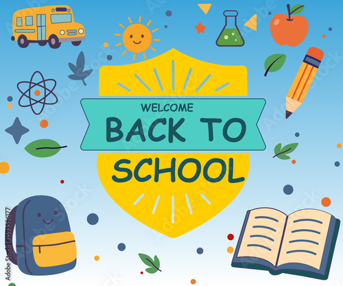 back to school badge design with sun bus backpack and science icons