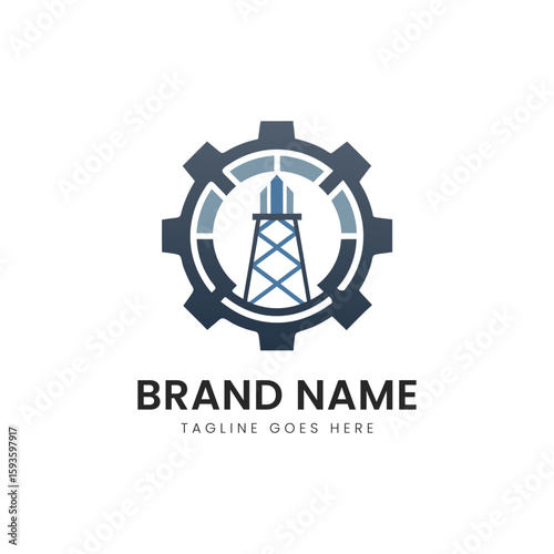 A sleek logo featuring a gear beside an oil rig silhouette, symbolizing engineering and energy sectors in a modern, corporate style.