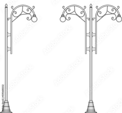 Set of vintage street lamps with 1 pole and 2 poles. Set of outline silhouette street lamp icons.