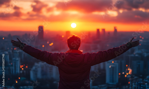Man with arms outstretched at sunrise over a cityscape