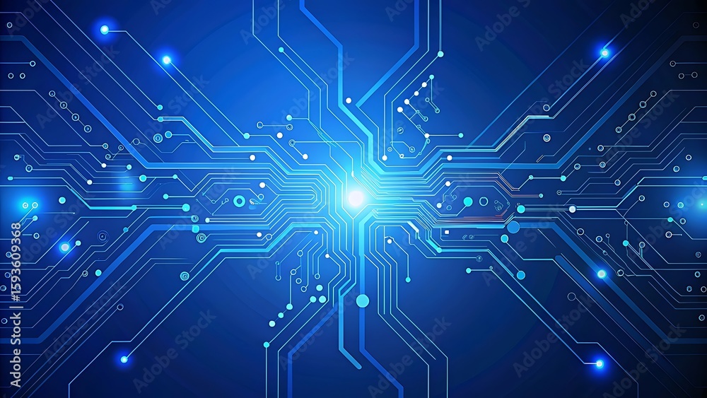 Obraz premium Abstract digital circuit board on technology blue background. Circuit connected lines and dots on abstract motherboard. Navy gradient tech bg. AI innovation concept. Futuristic illustration. 