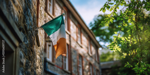 Irish flag hanging on stone building with green leaves and blue sky in background on sunny day
