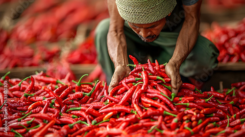 Chili harvest Farmer tending spicy crop