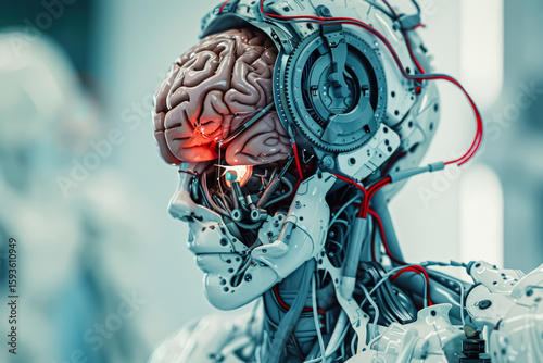 Cyborg Robot Constructed from Machine Parts, Gears and Circuits with Integrated Human Brain Concept