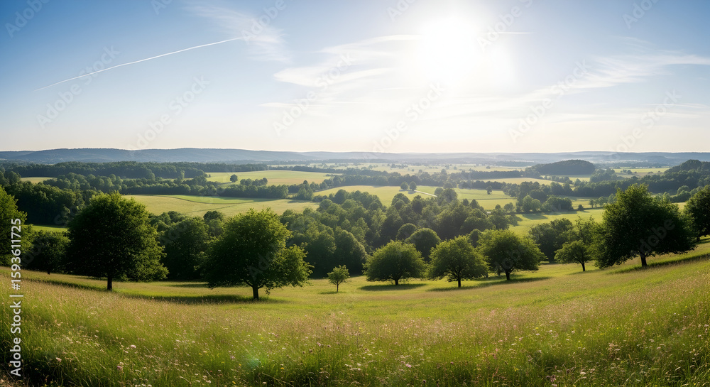 Obraz premium Lush Green Landscape: Rolling Hills, Trees, and Bright Sunlight.