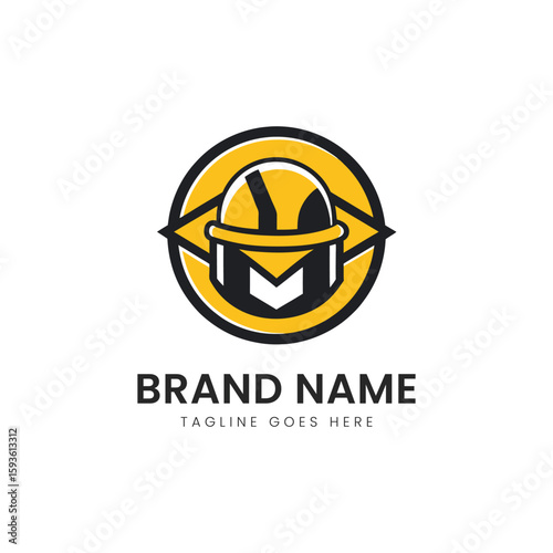 A modern logo featuring a stylized helmet and circular design, evoking strength and security; vibrant yellow and black colors enhance its striking appeal.