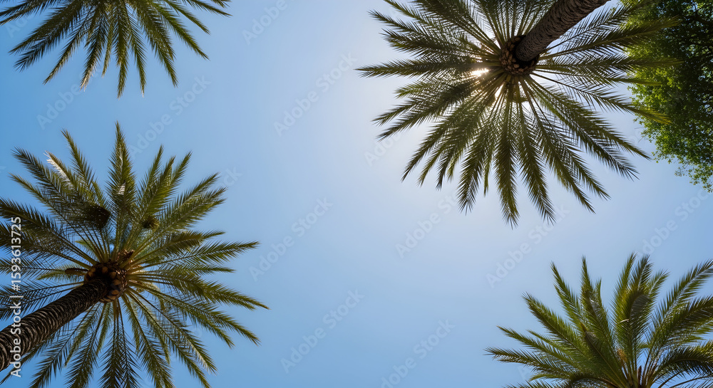 Fototapeta premium Palm Trees Reaching for the Sky: Serene Blue Sky Perspective