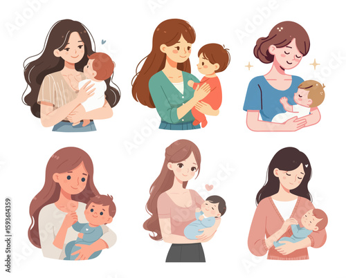 Set of Cute Mother Holding Child Style Flat Design Vector White Background