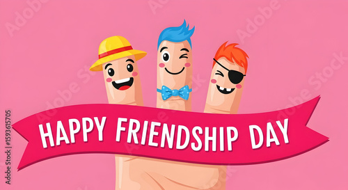 Whimsical Finger Friends Celebrate Friendship Day with Cheerful Expressions and Banner.