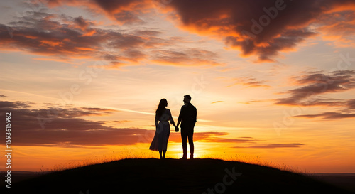 Romantic Silhouette Couple Holding Hands at Sunset, Golden Hour, Dramatic Sky.