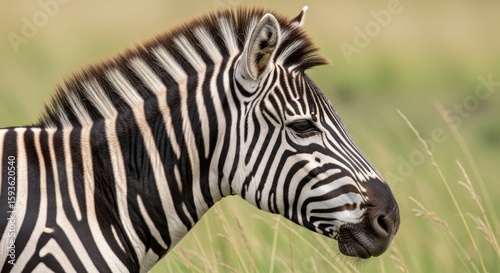 A close-up portrait of a zebra grazing in a grassy field, showing detail.