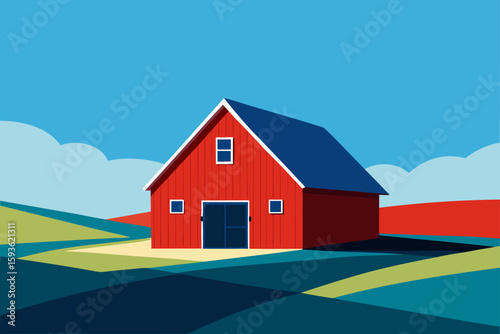 Vibrant red barn in a stylized rural landscape