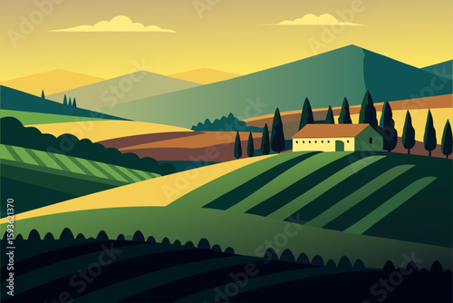 Stylized tuscan landscape with rolling hills and farmhouses