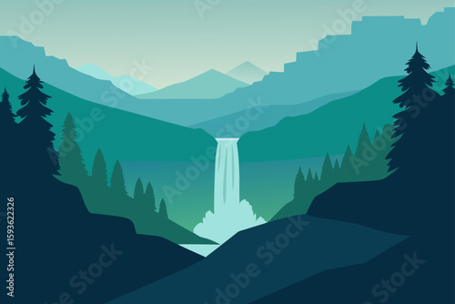 Serene mountain landscape with a majestic waterfall and pine trees