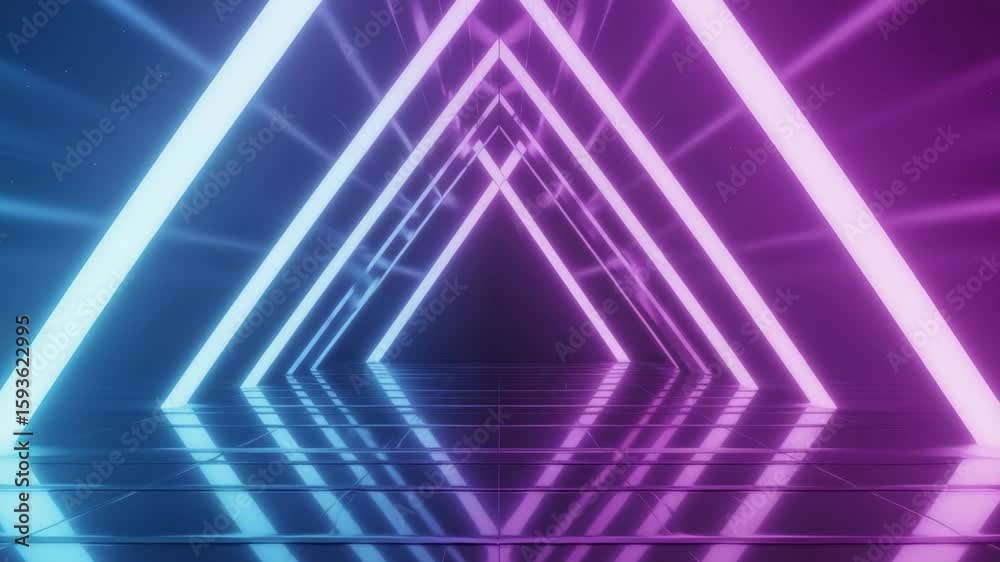 Futuristic Neon Triangle Tunnel with Reflections and Light Beams