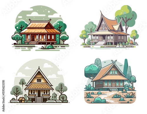 Set of Traditional Wooden House Style Flat Design Vector