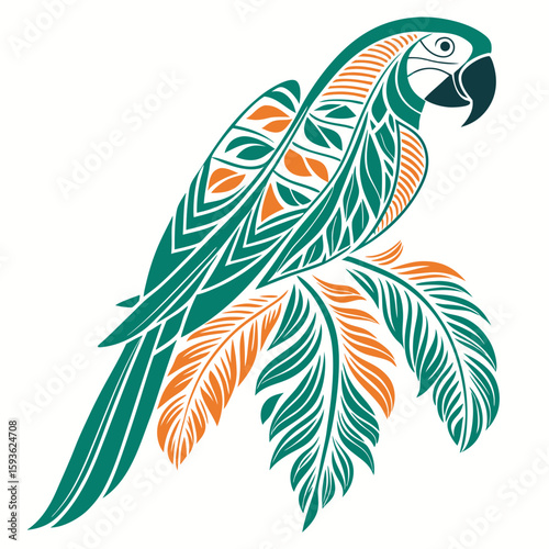Stylized Decorative Parrot with Tribal Patterns Vector