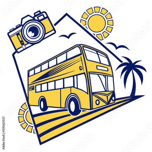 Travel and Tourism Elements with Double Decker Bus and Camera