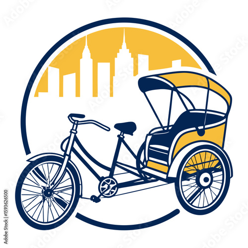 Traditional Rickshaw with Modern City Skyline Background