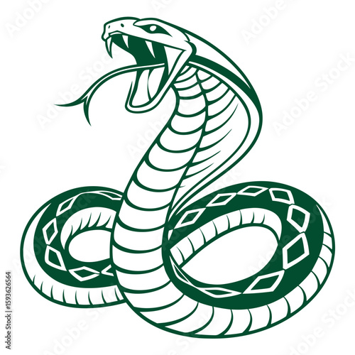 Aggressive Green Cobra Snake with Fangs Out Illustration