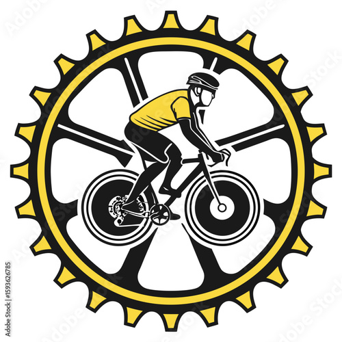 Cyclist on Road Bike within Gear Symbol Bicycle Sport