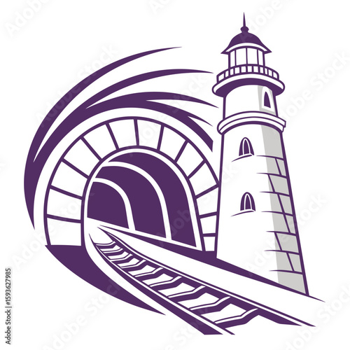 Lighthouse and Train Tunnel with Tracks and Swirling Elements for Journey and Transport
