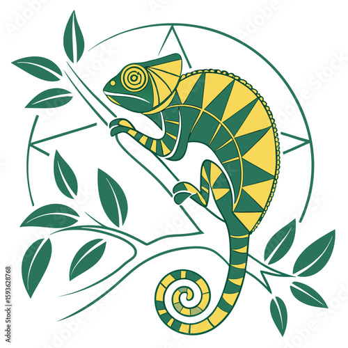 Chameleon on Branch with Abstract Geometric Pattern