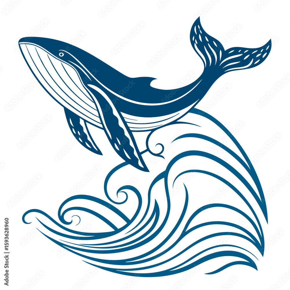Fototapeta premium Majestic Blue Whale Jumping from Ocean Waves Vector Illustration