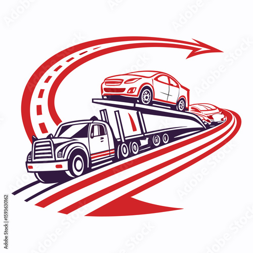 Car Carrier Truck on Curving Road with Dynamic Arrow