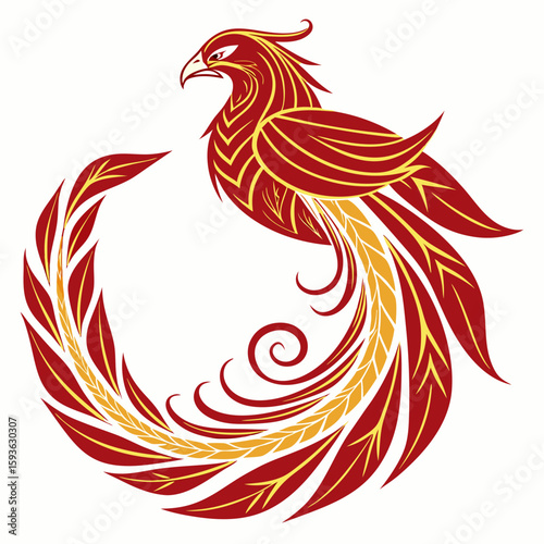 Majestic Phoenix Bird Illustration with Ornate Red and Gold Feathers, Symbol of Rebirth and Transformation