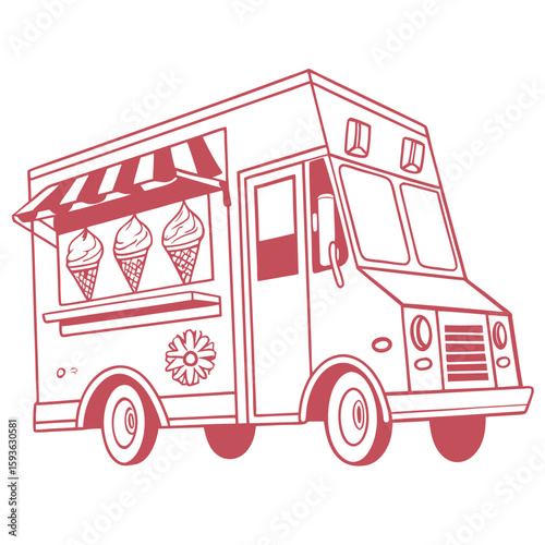 Classic Ice Cream Food Truck Outline, Sweet Street Food Vendor Illustration