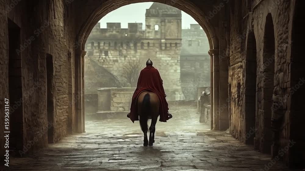 Medieval Post Rider Medieval Rider Approaches Stone Fortress Through Grand Arched Gateway ...