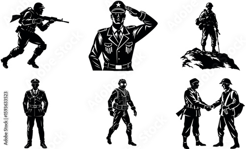 Silhouettes of military personnel isolated on transparent background
