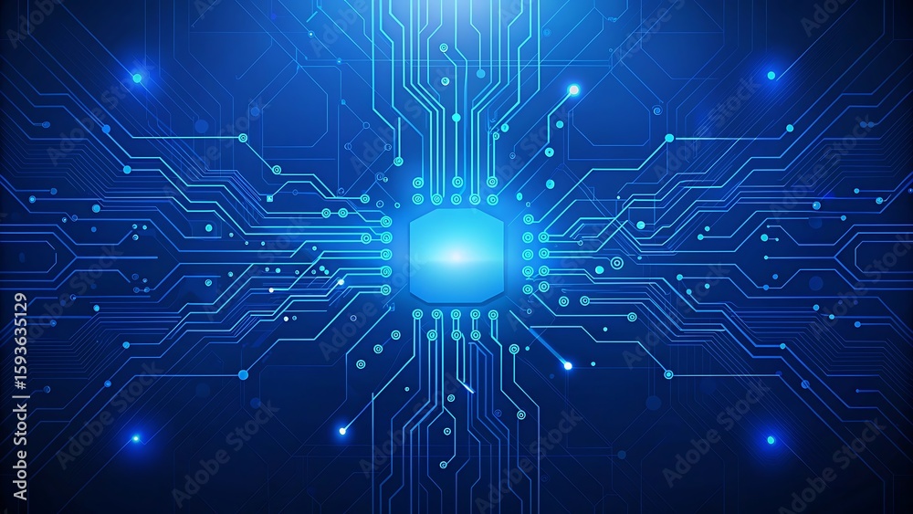 Obraz premium AI circuit board with glowing electronics elements on blue backdrop. UI and GUI design. Futuristic high tech panel of connected lines. Scientific and Technological background. Illustration.