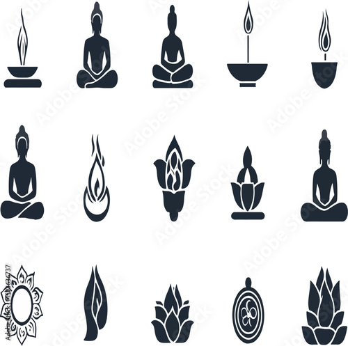A collection of black and white spiritual symbols including buddha lotus and candle icons in various forms
