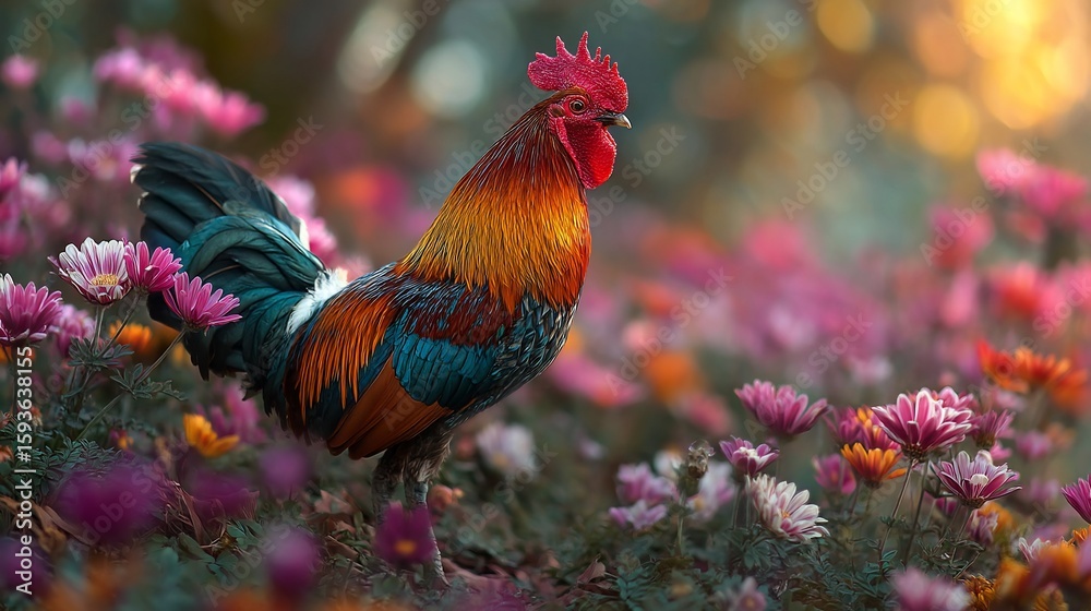 Fototapeta premium Rooster amidst colorful flowers